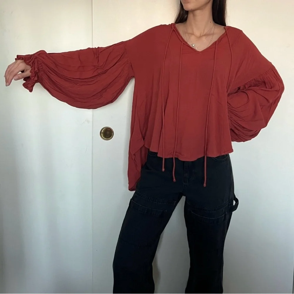 Free People Red Puff Sleeve Blouse with Tie Front